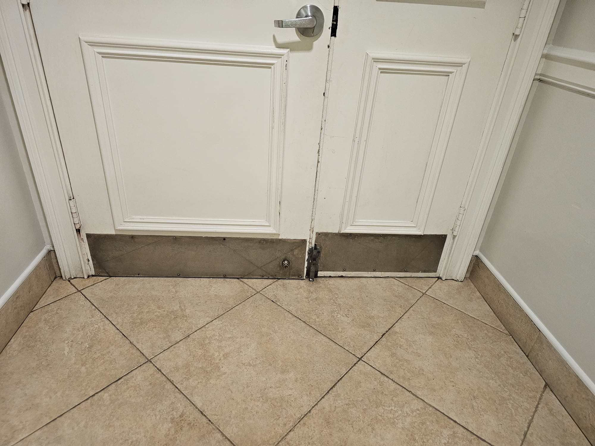Lower metal protection plates on the commercial double doors